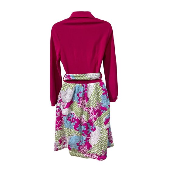 Vintage Komars Fuchsia Collared Dress With Floral Patchwork Skirt & Belt - Picture 3 of 8